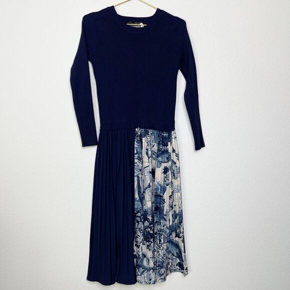 Dalia Macphee Dress Medium Midi Rib Sweater Nautical Spode Italy Print Pleated - Picture 1 of 10